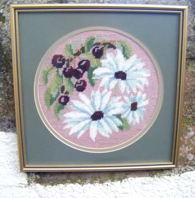 Floral Cross Stitch Picture Flowers Completed & Framed Small 25.5cm x 25.5cm