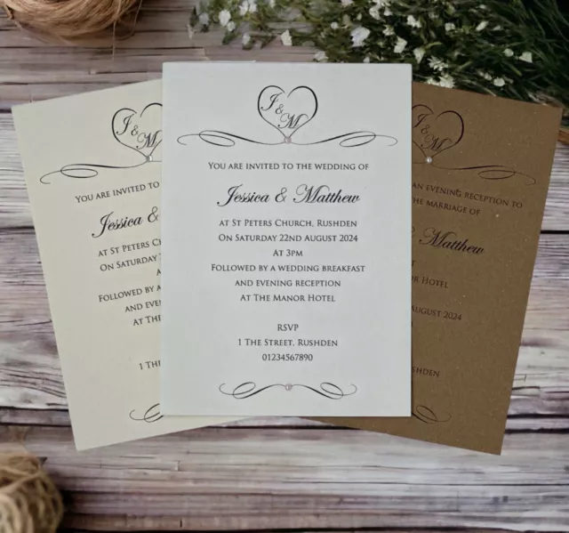 50 Personalised Wedding Invitations Day or Evening Invites With Free Envelopes
