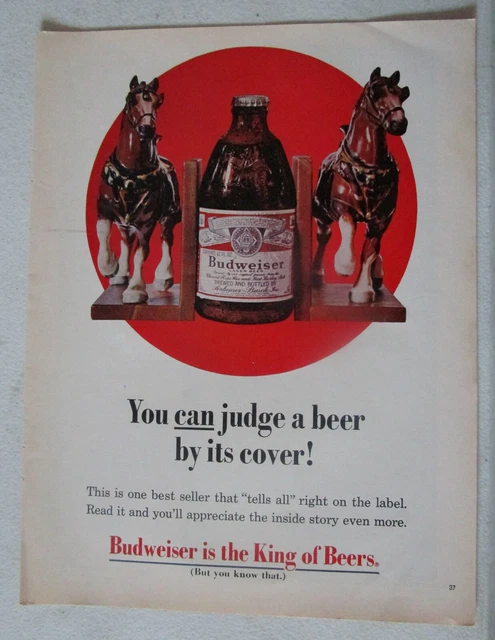 1969 BUDWEISER BEER Print Ad ~ Clydesdale Horses Judge By it's Cover Bookends
