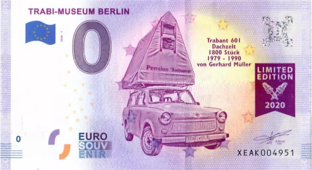 0 Euro Schein Trabi-Museum Berlin Trabant Dachzelt XEAK 2020-1 Souvenir Banknote
