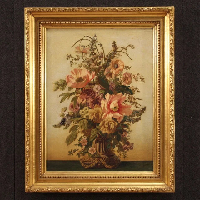 Tableau huile sur toile avec cadre nature morte signé style ancien 900 peinture