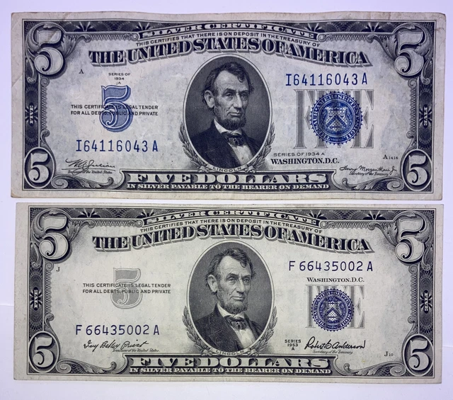 1934 ($5) Five Dollar, 1953 ($5) Five Dollar Blue Seal Silver Certificates Notes