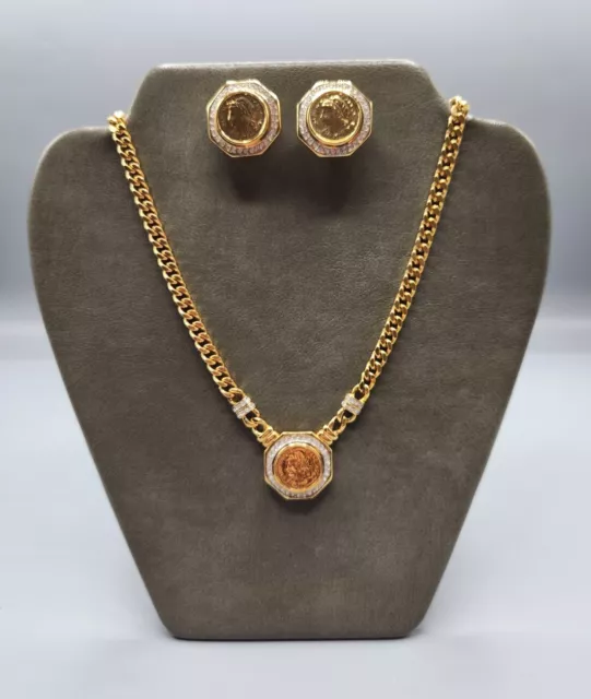 VNTG Chartage Gold Toned Rhinestone French Coin Necklace & Earring Set Belgium