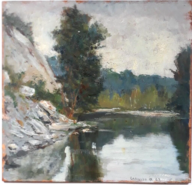 Opera pittore PIER ANTONIO GARIAZZO Olio su tavola 37x39cm 1942 Il Tanaro a Ceva