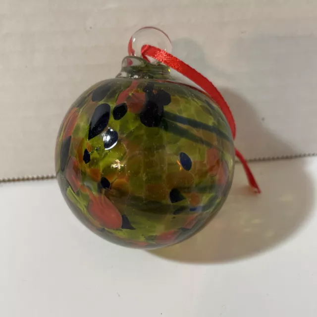 Hand Blown Art Glass Christmas Tree Ornament Ball 3” Multicolored Splats Swirls