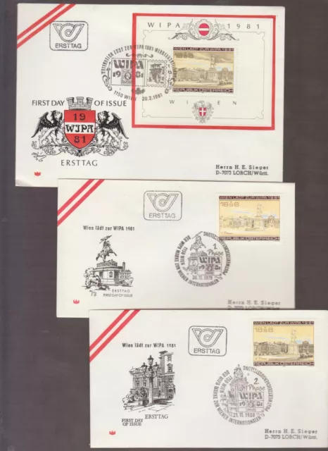3 schöne Österreichische Ersttagbriefe , mit Block und Marken: WIPA 1981