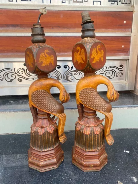 Antique Old Wooden Rare Peacock Figure Gold Painted Beautiful Electric Lamp Pair
