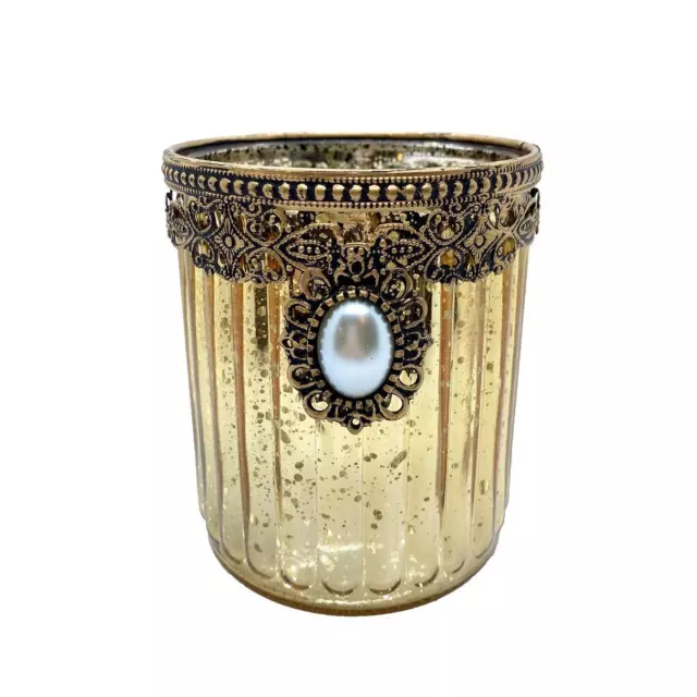 Parts4Living Glas Windlicht Teelichtglas mit goldenem Metallrand gold 8x9,5cm