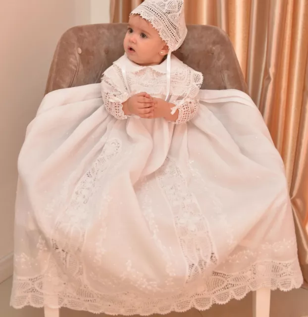 Baby Christening Gown  Handmade Lace 100% Cotton Hand Embroidered - UK Stock