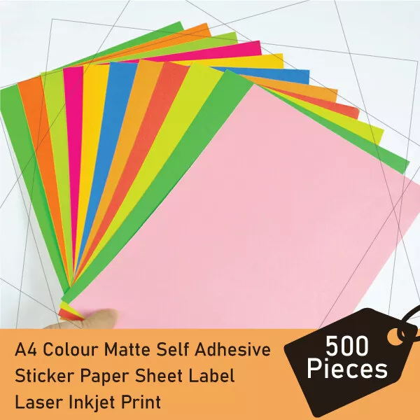 500 x A4 Colour Matte Self Adhesive Sticker Paper Sheet Label Laser Inkjet Print