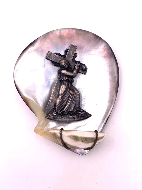 Bénitier Antique En Faïence Peinte Avec Croix Et Christ - Art Sacré - Cuillère