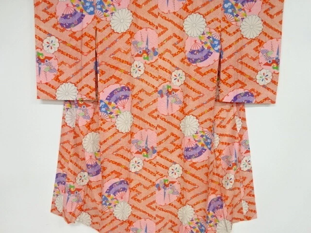 82558# Japanese Kimono / Antique Hitoe Juban / Fan With Flower & Origami Cra