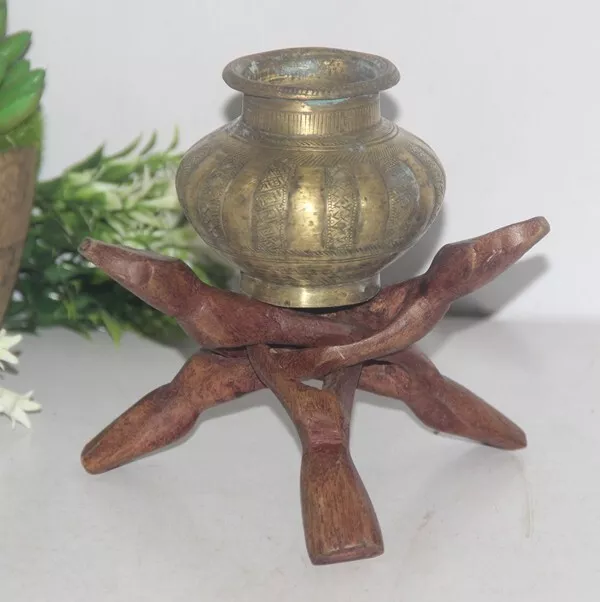 Old Brass Beautiful Handcrafted Inlay Engraved Holy Water Pot With Wooden Stand