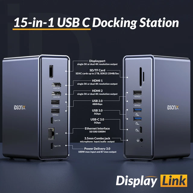 IDSONIX 15IN1 USB C Docking Station Display 4K 100WPD TF/SD