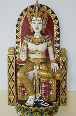 Antique Colorful Large Wood Carved Temple Buddha Buddhist Asian Deity Art Statue