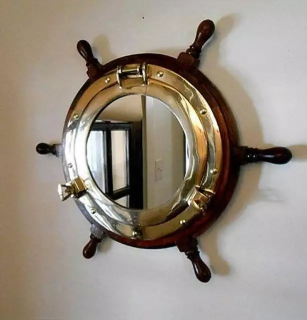 18'' Handmade Nautical Porthole Captain ship wheel Decal Wooden Wall Mirror