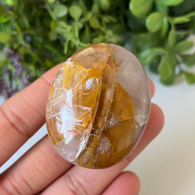 Golden Healer Quartz Palmstone Crystal Lots Of Rainbows With Quartz 74g - 5cm