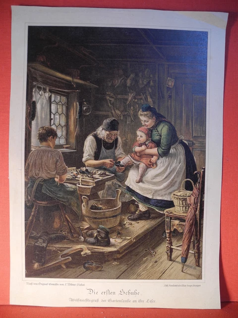 Schuster Schuhmacher Schuhe Lithografie Lithographie um 1900 Schuhmacher Motiv