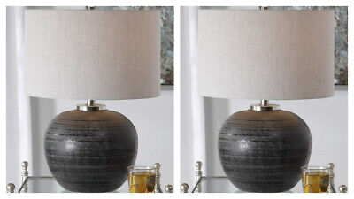 Pair Mikkel Modern Glazed Etched Ceramic 22" Accent Table Lamps Uttermost