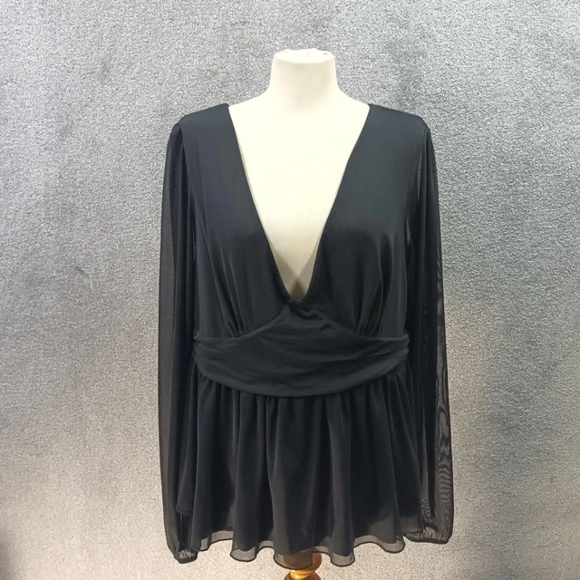 Asos Curve Black Mesh Top Blouse Long Sleeve V Neck Gather Frill Y2K Uk 20
