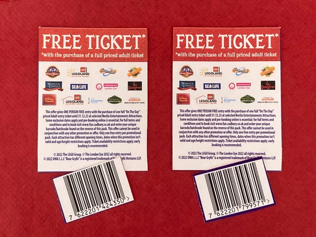 2 X Cadbury's 2 for 1 Offer For Merlin Attractions Codes Expiry 31/12/23