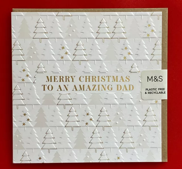 M&S DAD CHRISTMAS CARD - 6” x 6” - WHITE GOLD CHRISTMAS TREES EMBOSSED - Charity