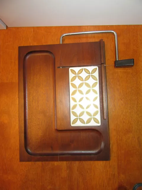 Vintage 60s 70s Mid Century Wood Cheese & Cracker Board w/ Wire Cutter & Tile