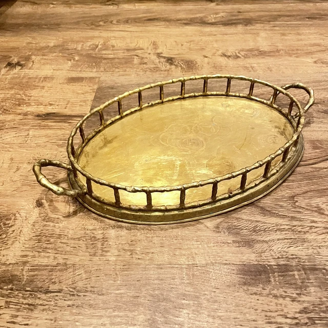 Mid century SOLID BRASS OVAL  SERVING TRAY BAMBOO  RAIL HOLLYWOOD REGENCY VTG