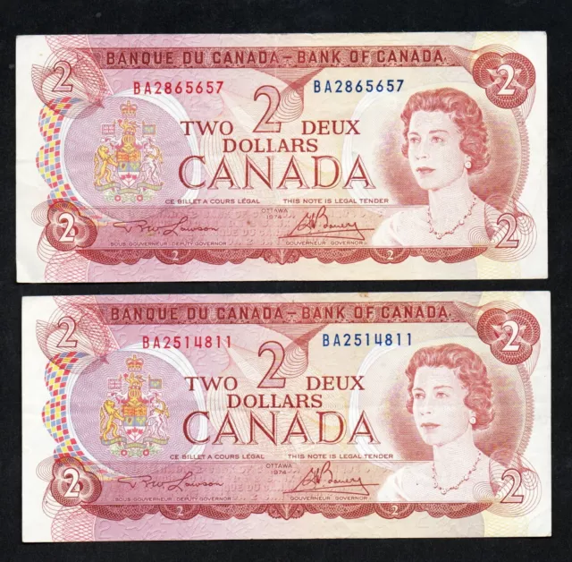 1974 X 2 Canada Two Dollar Bills  Neat Old Notes Have A L@@@K