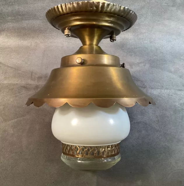 Vintage Lavery & Co Scallopped Copper/Brass White Glass Ceiling Light