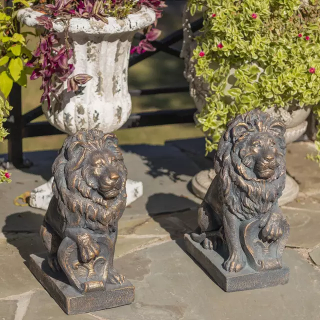 Set of 2 Guardian Lion Statue Garden Entryway Protector Sculptures Bronze Finish