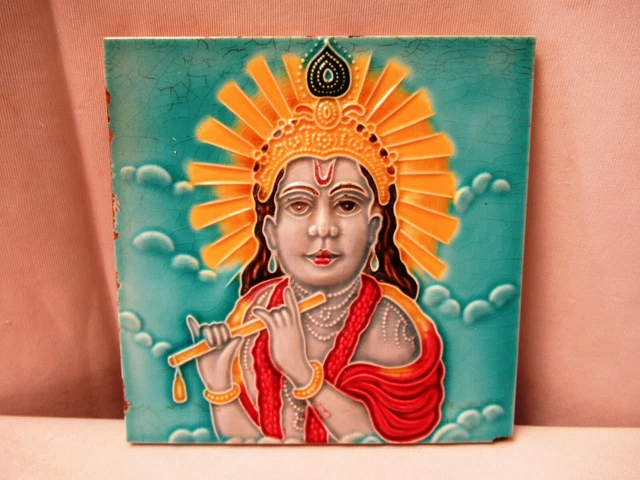 Ancien Carreau Majolique Art Nouveau Japon Représentant Lord Krishna Fluting