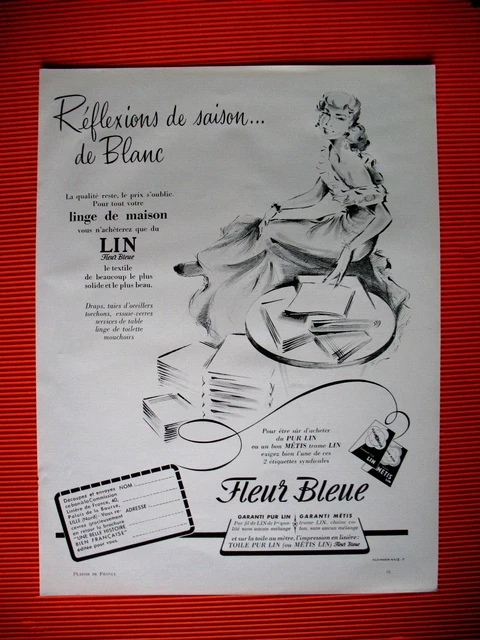 Publicite De Presse Fleur Bleue Linge De Maison Pur Lin Ad 1955