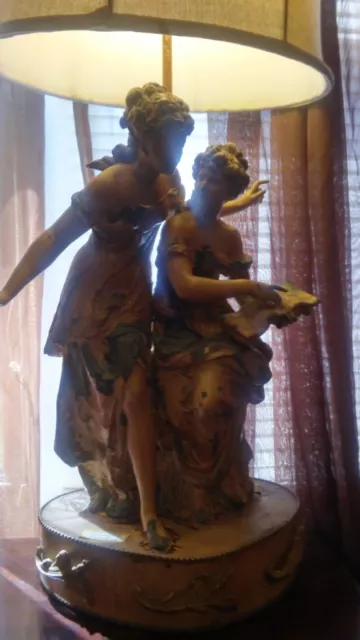 Antique Large Metal French Victorian Lady Statue Lamp Pair shade Music & Poetry!