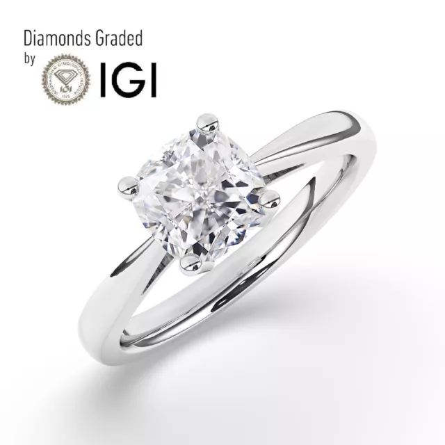 Cushion Solitaire 18K White Gold Engagement Ring,2 ct, Lab-grown IGI Certified
