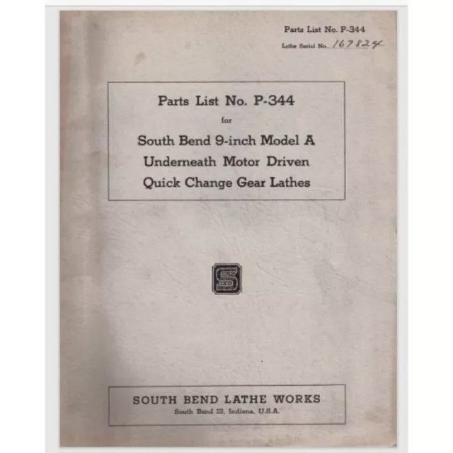1944 South Bend 9" Inch Model A Lathe Parts Manual List Book Catalog comb bound