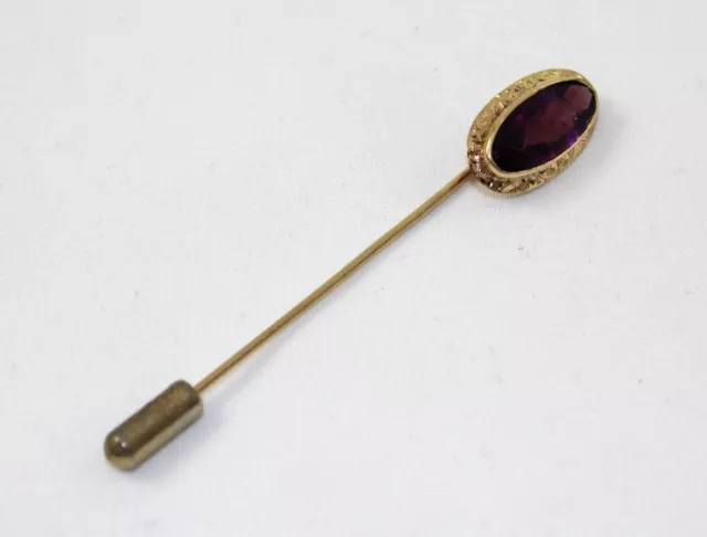 Vintage 10K Yellow Gold & Intaglio Carved Purple Amethyst Stick Pin Signed "H"