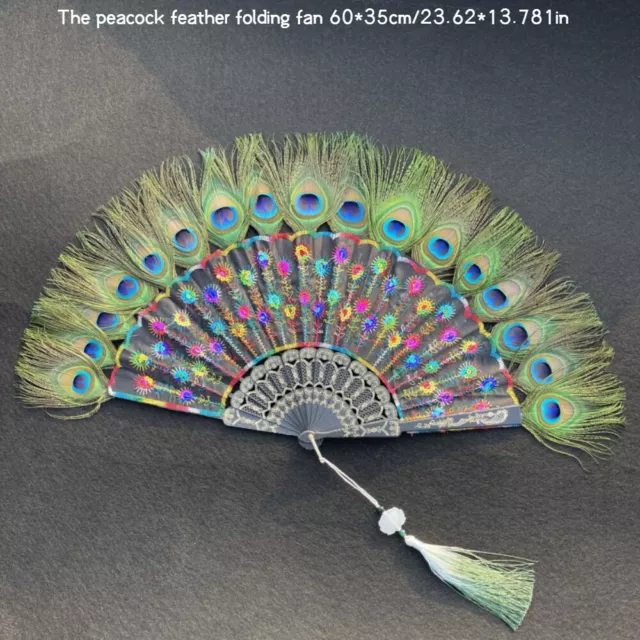 Handmade Peacock Feather Folding Hand Fan Chinese Sequin Embroidery Club Party