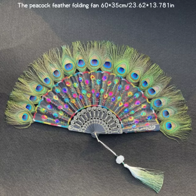 Peacock Feather Folding Fan Chinese Japanese Sequins Embroidery Handheld Retro