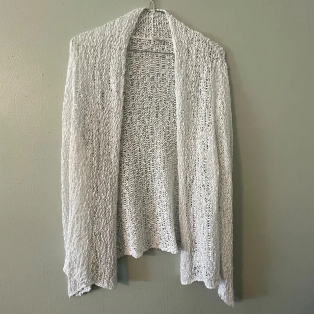 EILEEN FISHER Open Knit Cardigan Sweater Womens Size L Ivory Cotton Blend