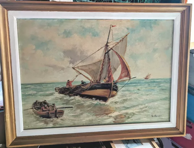 Grand tableau Huile sur toile Bateau de pêche Marine Barque Bretagne H Keroëc