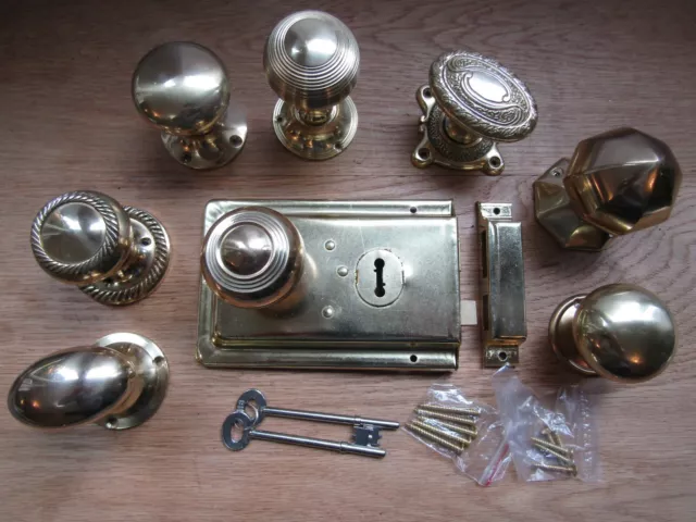 SOLID BRASS Door rim knob & retro 1920s lock vintage victorian cottage handles