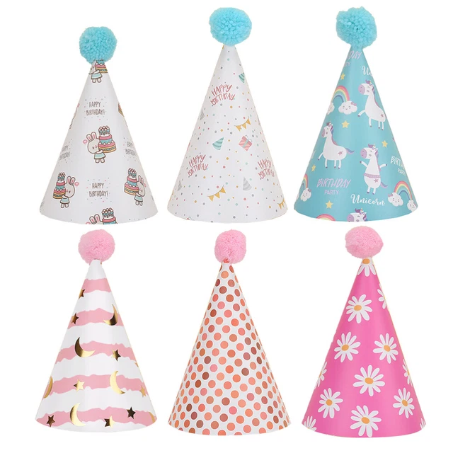 6 piezas Hermosas Gorras Feliz Cumpleaños Fiesta Pompones Cumpleaños Sombrero Utilería (Estilo Surtido)