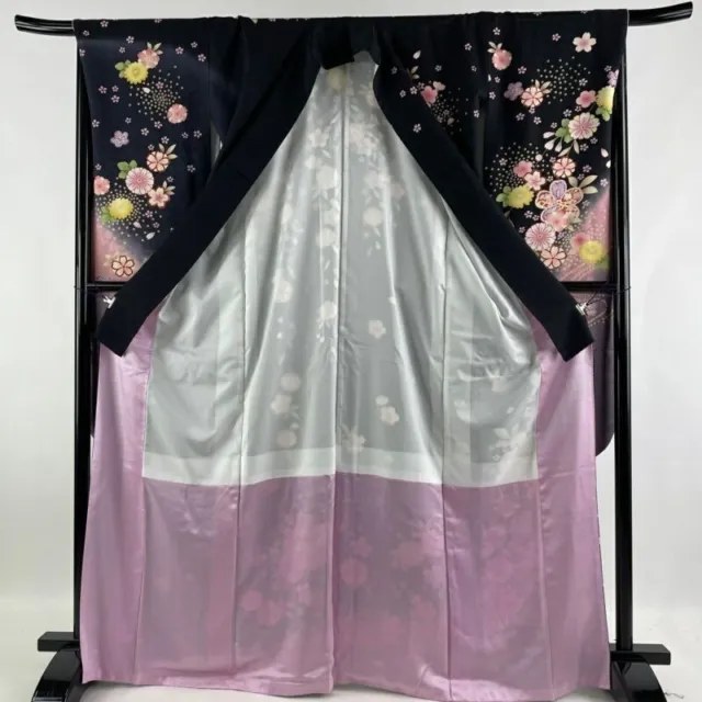 Woman Japanese Kimono Furisode Silk CherryBlossom Stream Gold Embroidery Black 2