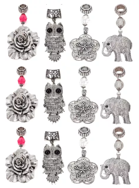 BULK - 12 Assorted Scarf Pendants - Rose, Elephant, Flower (12cms) & Owl (10cms)