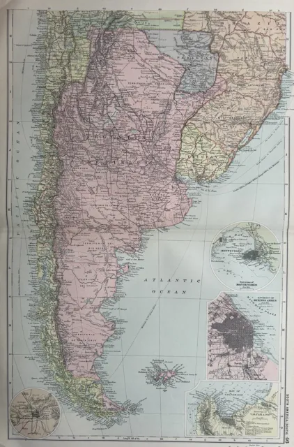 1902 Chile, Argentina, Uruguay, Paraguay Original Antique Map by G.W. Bacon