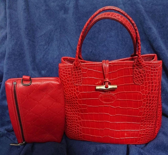 Longchamp Handbag Tote Croc Embossed ROSEAU Rozo Red with Pouch Made in France