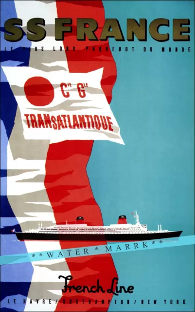 SS France 1960 Transatlantique Ship Vintage Poster Print Retro Style Travel Art