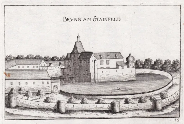 1672 Bagno Fischau-Brunn Bassa Austria Incisione Stampa Antica Vischer