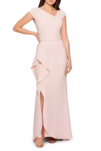 Betsy & Adam Blush Asymmetric Neck Crepe Gown Size 6